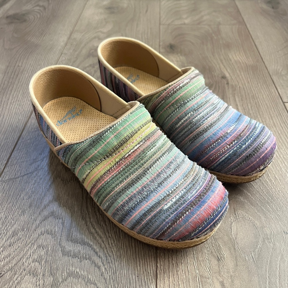 Dansko Jute Pro Clogs Rainbow Pastal Stripe Weave Mules EUR 39 US 9 Comfort